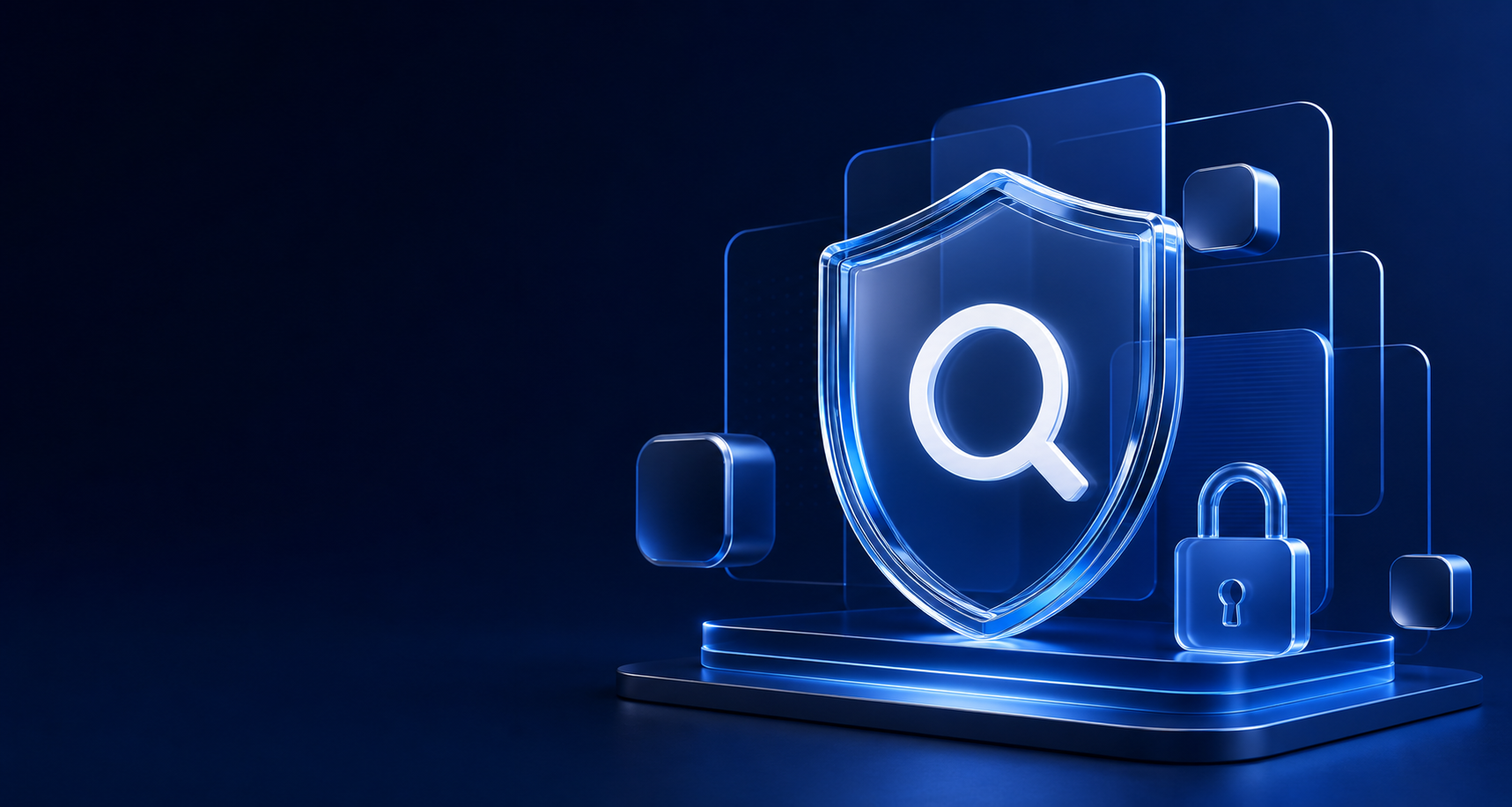 A dimensional blue shield and lock representing Oernoe's privacy-first services
